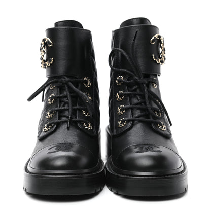 Chanel Shiny Goatskin Calfskin Quilted Lace Up Combat Boots 37 Black 2 of 9