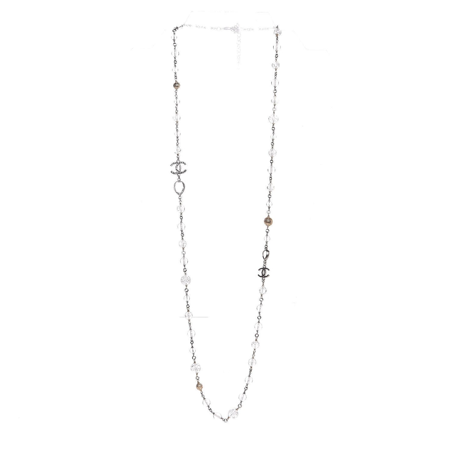 Beaded Crystal CC Long Necklace Silver