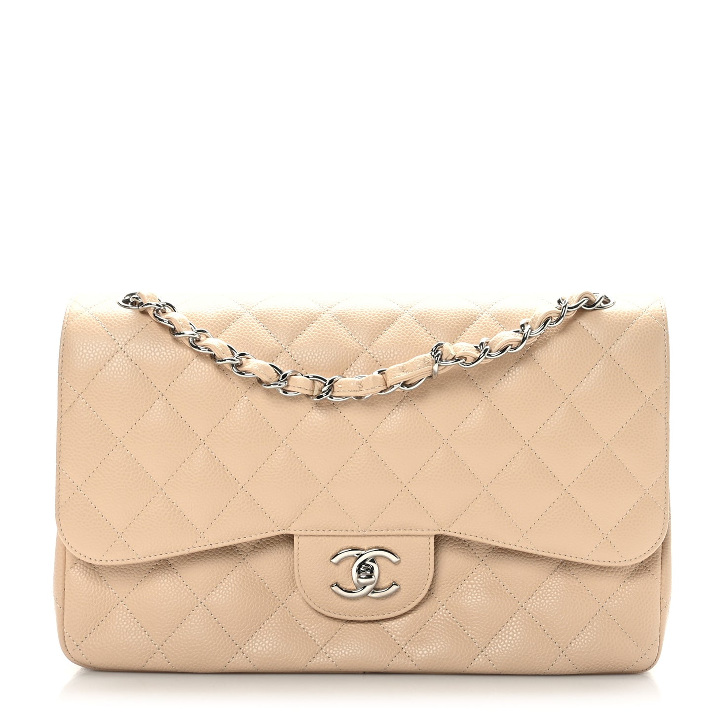 Caviar Quilted Jumbo Double Flap Beige