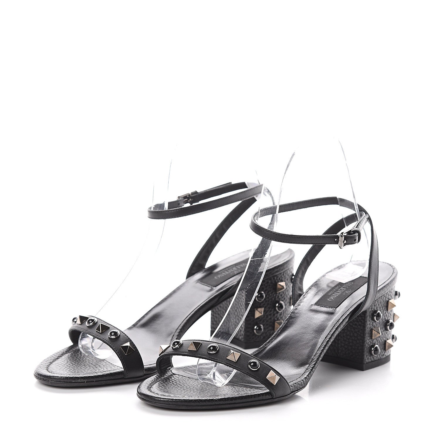 Valentino Garavani Pebbled Calfskin Rockstud Rolling 60mm City Sandals 38 Black 3 of 7