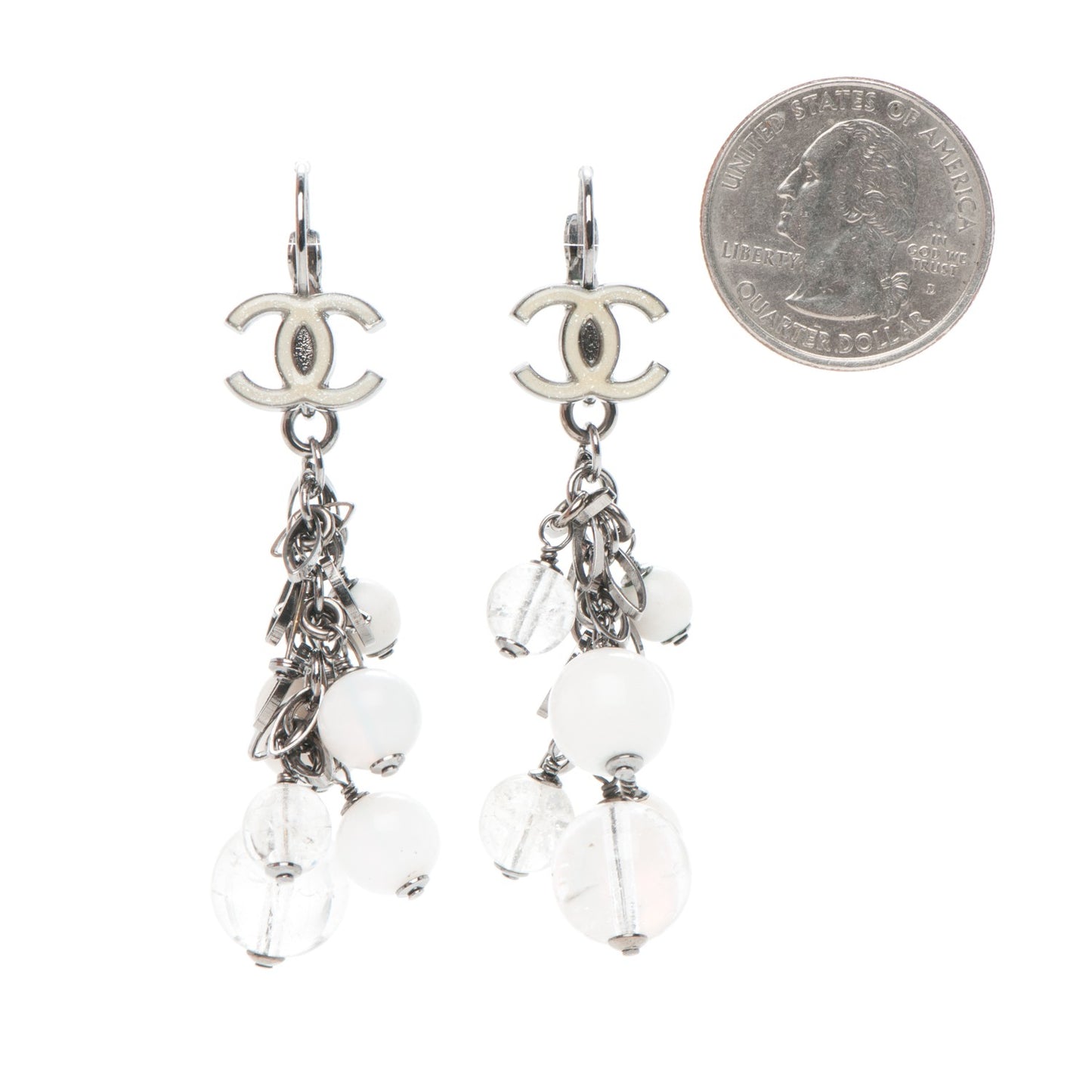 Enamel Beaded CC Drop Earrings White Silver