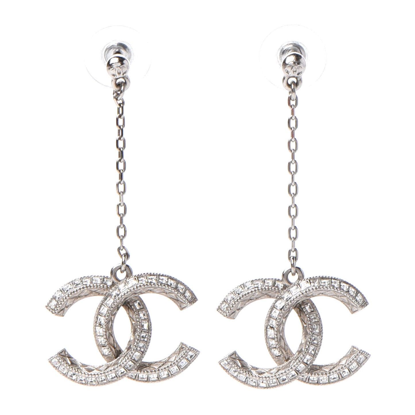 Baguette Crystal CC Drop Earrings Silver