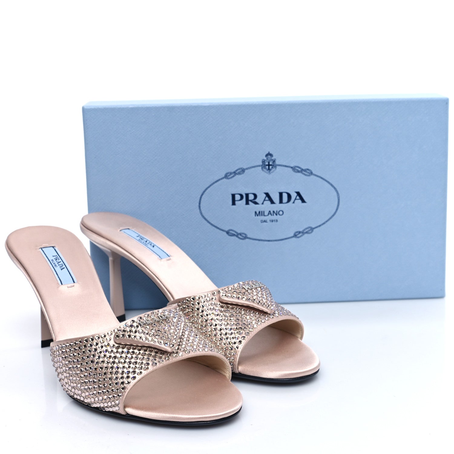 Prada Satin Crystal Logo 85mm Slide Sandals 39 Ninfea 8 of 8