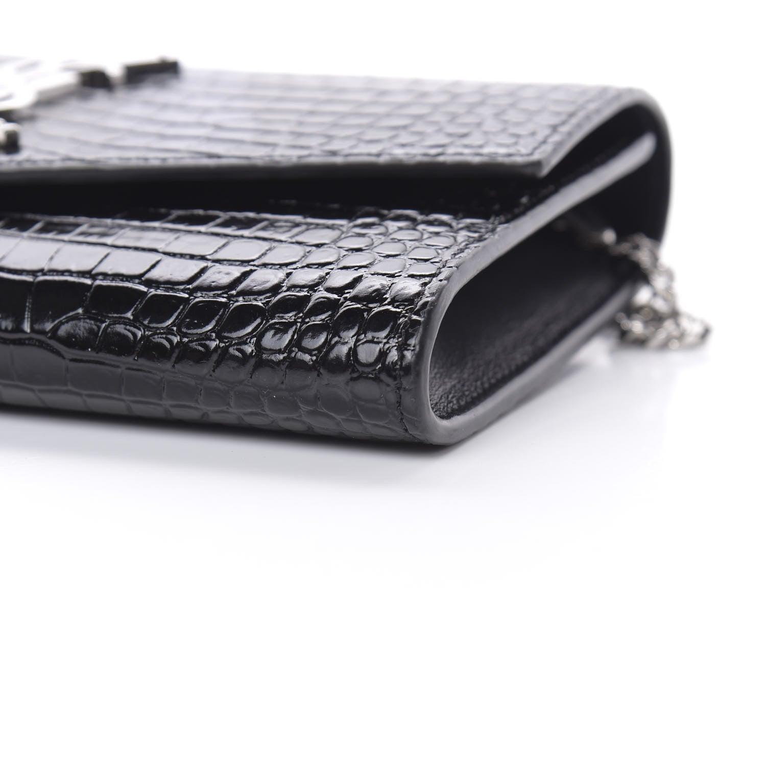 Saint Laurent Calfskin Crocodile Embossed Monogram Uptown Chain Wallet Black 11 of 12