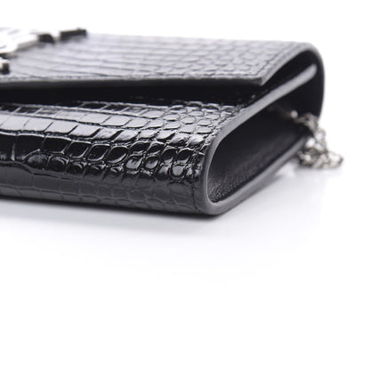 Saint Laurent Calfskin Crocodile Embossed Monogram Uptown Chain Wallet Black 11 of 12