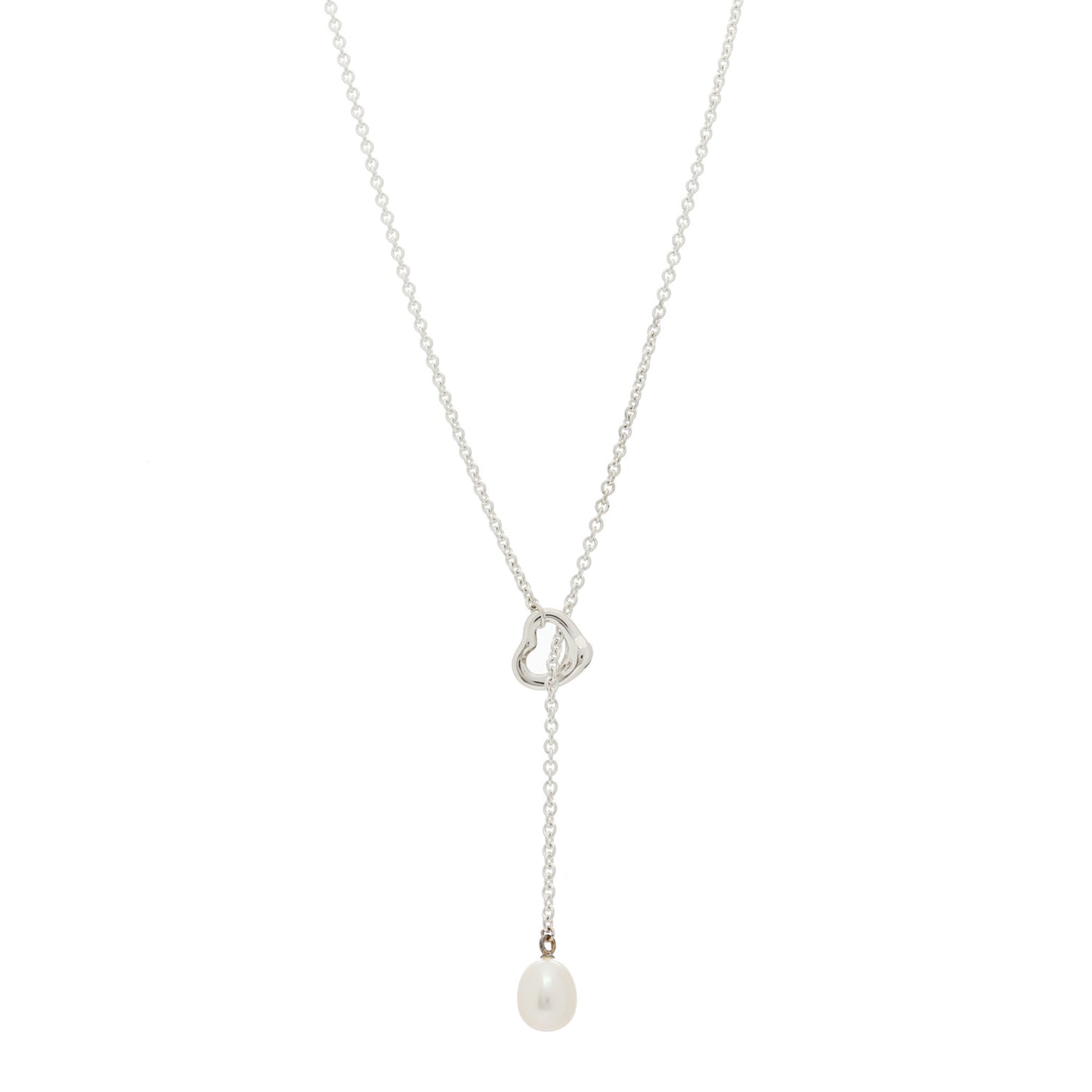Sterling Silver Cultured Pearl 7.5-8mm Elsa Peretti Open Heart Lariat Necklace
