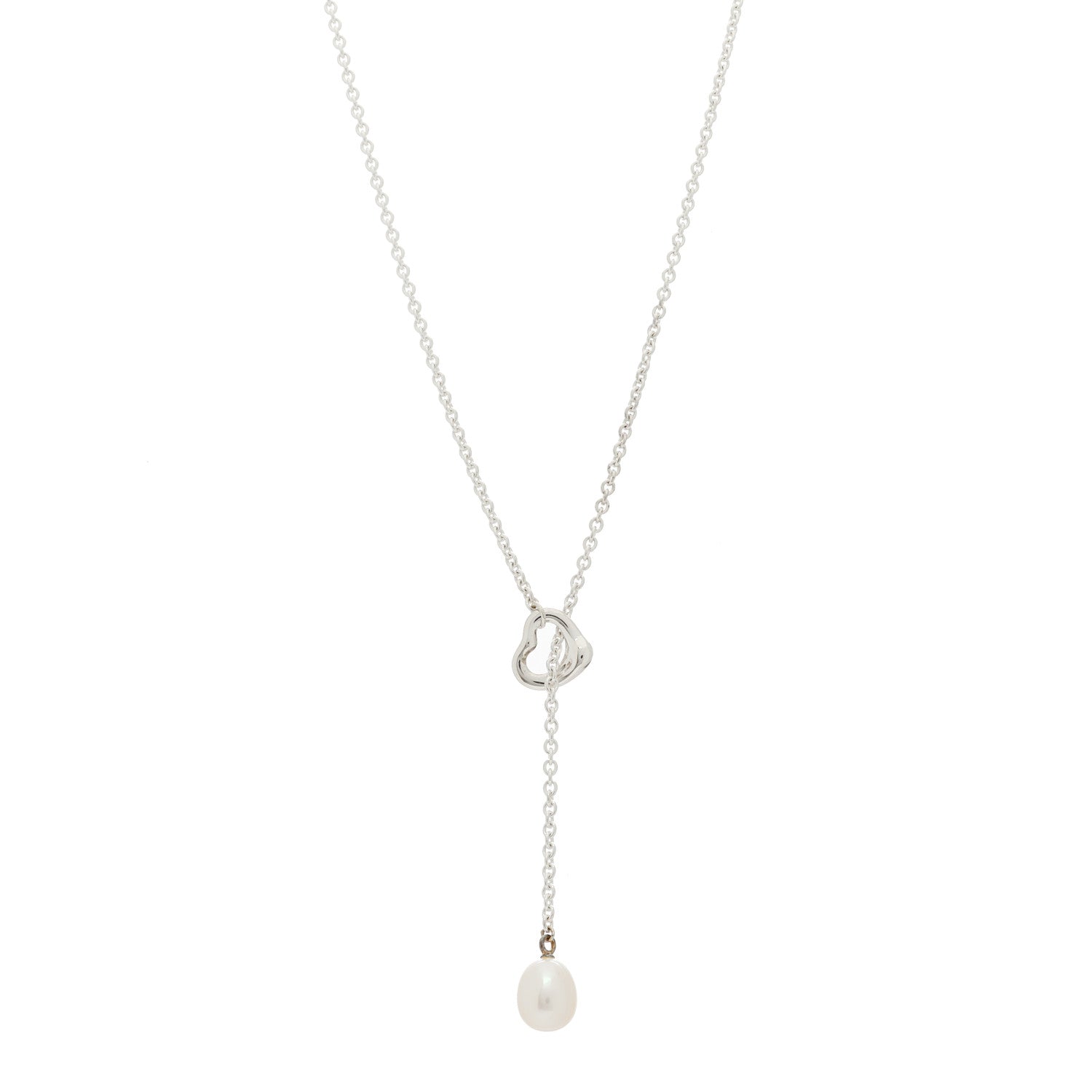 Tiffany Sterling Silver Cultured Pearl 7.5-8mm Elsa Peretti Open Heart Lariat Necklace 1 of 5