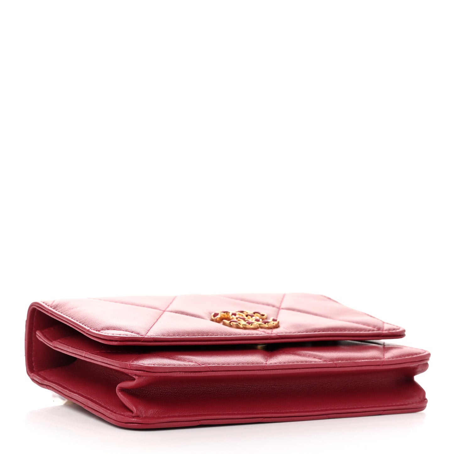 Shiny Goatskin Quilted Chanel 19 Wallet On Chain WOC Red