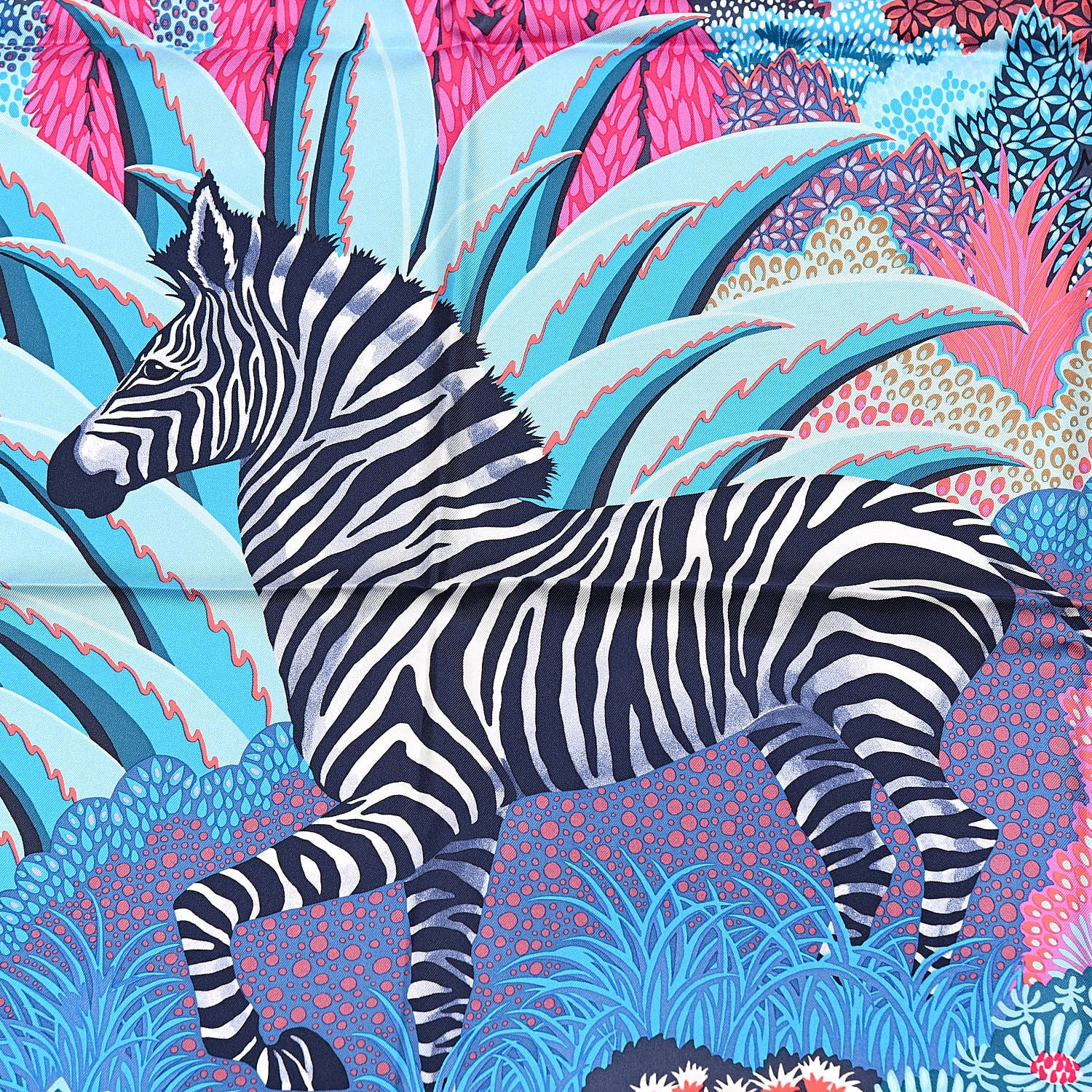 Hermes Silk Mountain Zebra Scarf 90 Turquoise Fuchsia Cobalt