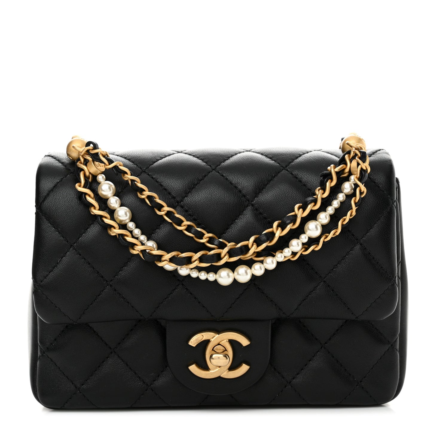Shiny Lambskin Quilted Pearl Twist Mini Square Flap Black