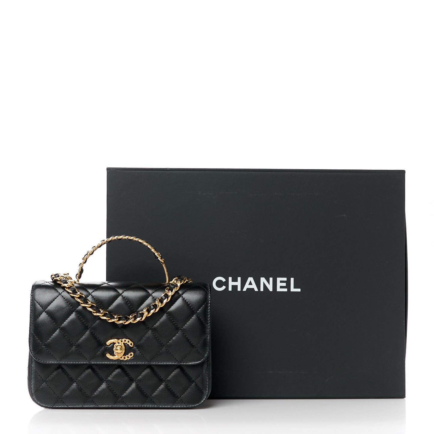 Shiny Calfskin Quilted Small Metal Chain Top Handle Flap Black