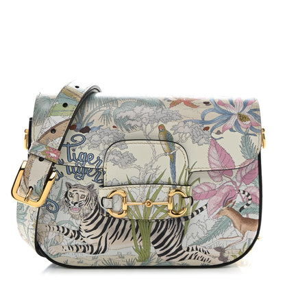 Gucci New Shangai Calfskin Tiger Savanah Web Mini Horsebit 1955 Shoulder Bag Chalky White Multicolor 1 of 10