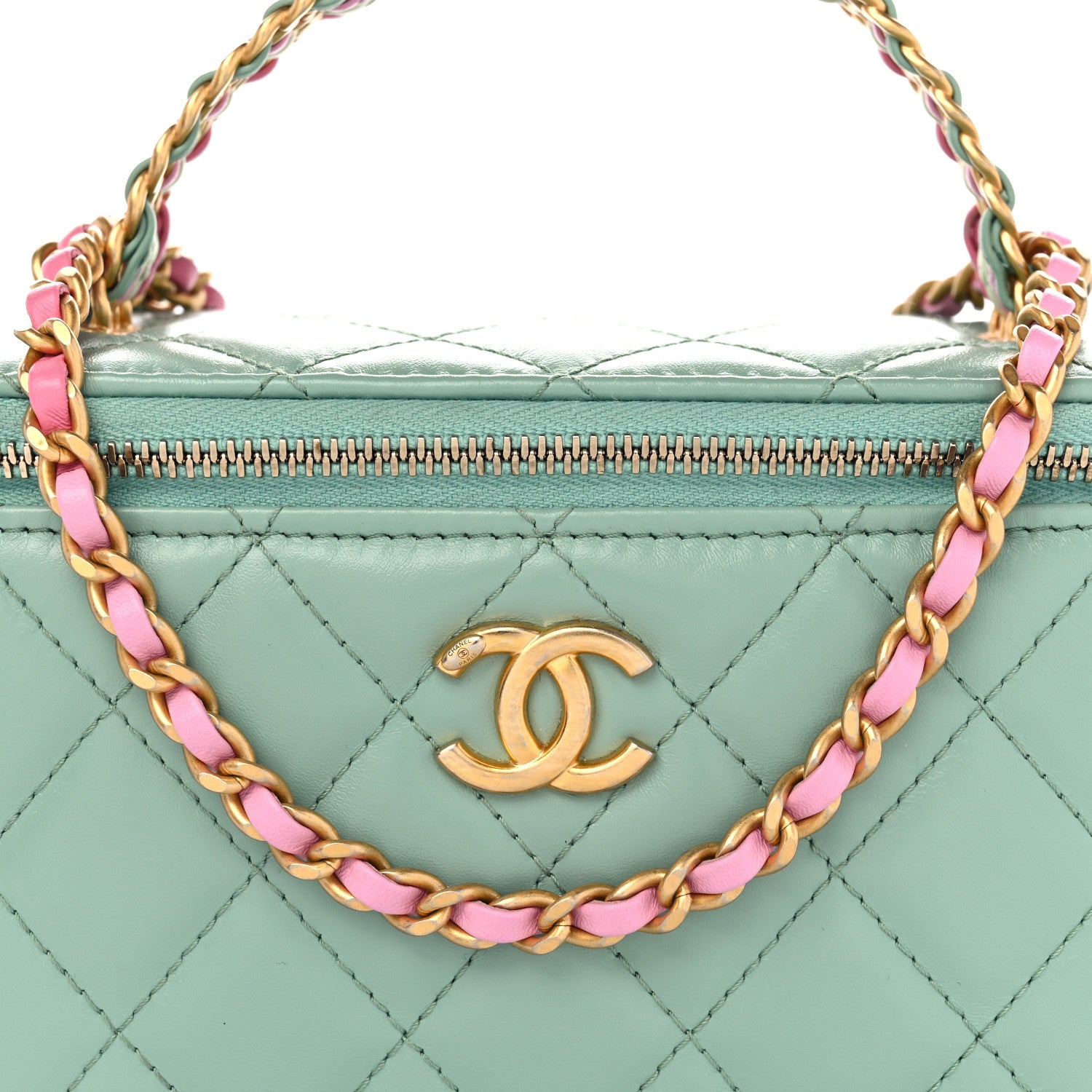 Chanel Shiny Calfskin Quilted Small Top Handle Vanity Case With Chain Light Green 8 of 12