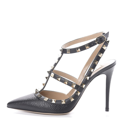 Valentino Garavani Pebbled Calfskin Rockstud Ankle Strap Pumps 37 Black 1 of 7