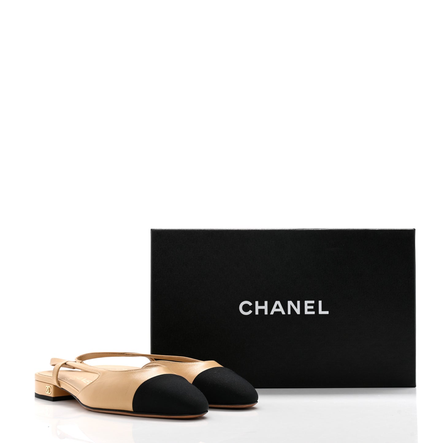 Goatskin Grosgrain Cap Toe CC Slingback Sandals 36 Beige Black