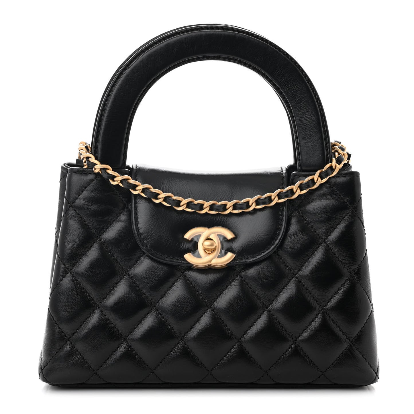 Shiny Aged Calfskin Quilted Nano Kelly Shopper Black