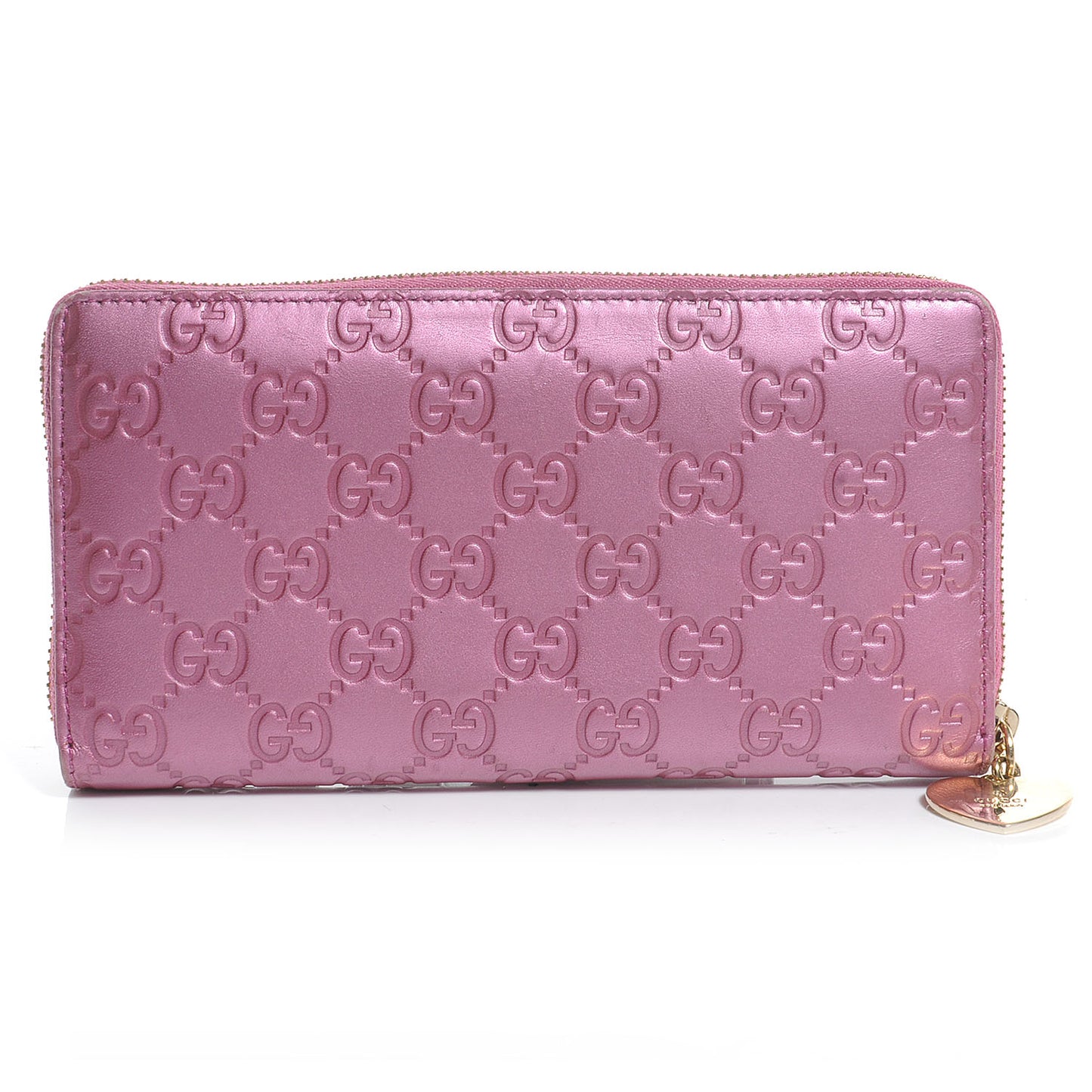 Metallic Soft Guccissima Heart Zip Around Wallet Fresia Rose