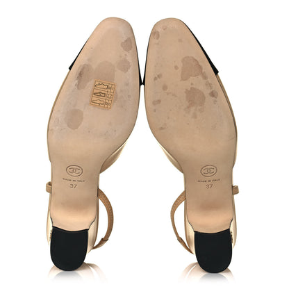 Chanel Goatskin Grosgrain Cap Toe CC Slingback Pumps 37 Beige Black 5 of 9