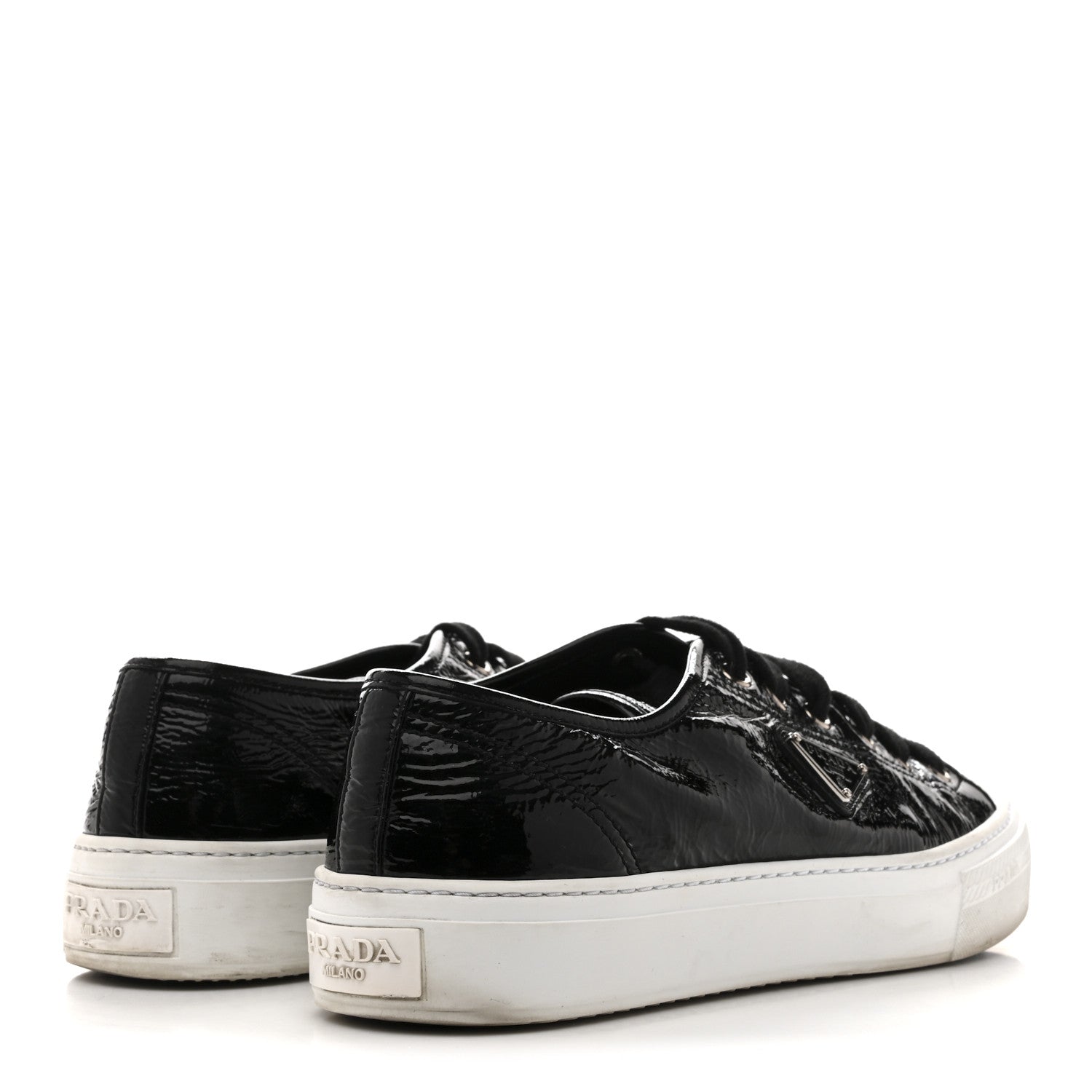 Prada Patent Naplak Triangle Logo Womens Low Top Sneakers 40 Black White 5 of 10