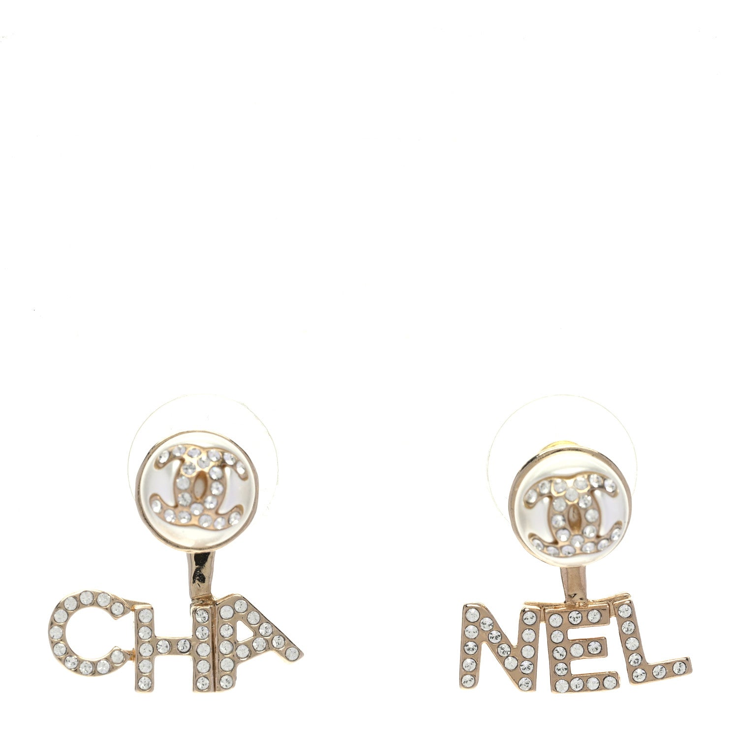 Chanel Pearl Crystal Logo Earrings Gold Pearly White 1 of 5