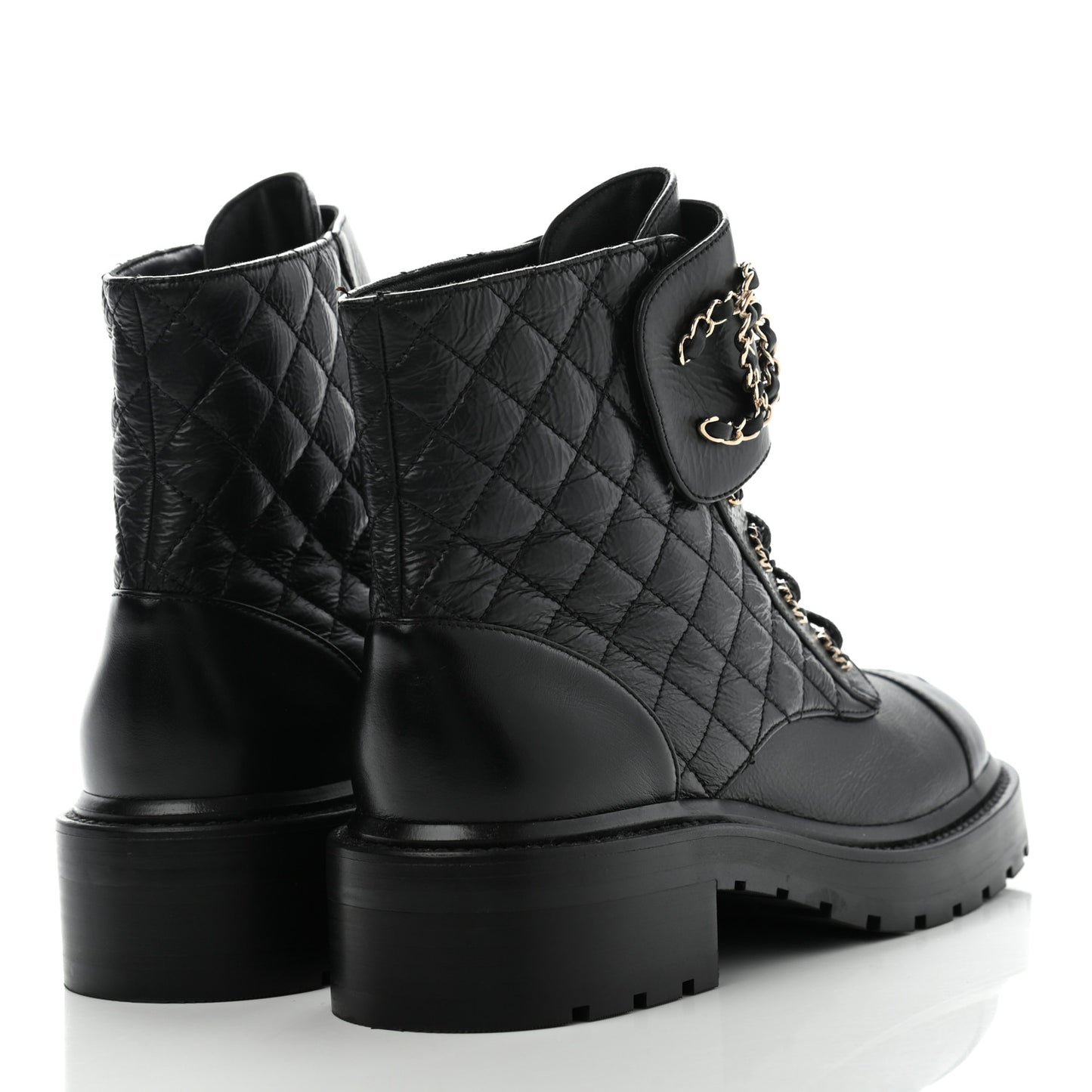 Shiny Goatskin Calfskin Quilted Lace Up Combat Boots 38.5 Black