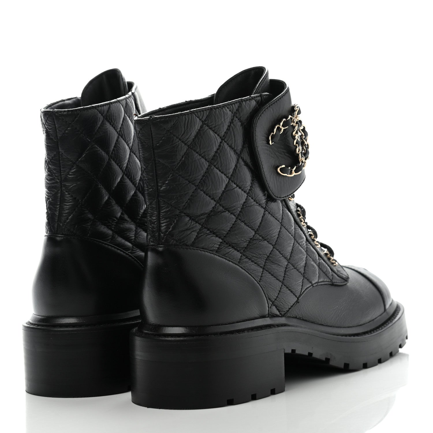 Chanel Shiny Goatskin Calfskin Quilted Lace Up Combat Boots 38.5 Black 4 of 14