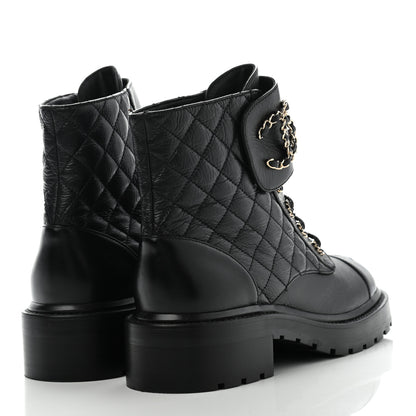 Chanel Shiny Goatskin Calfskin Quilted Lace Up Combat Boots 38.5 Black 4 of 14