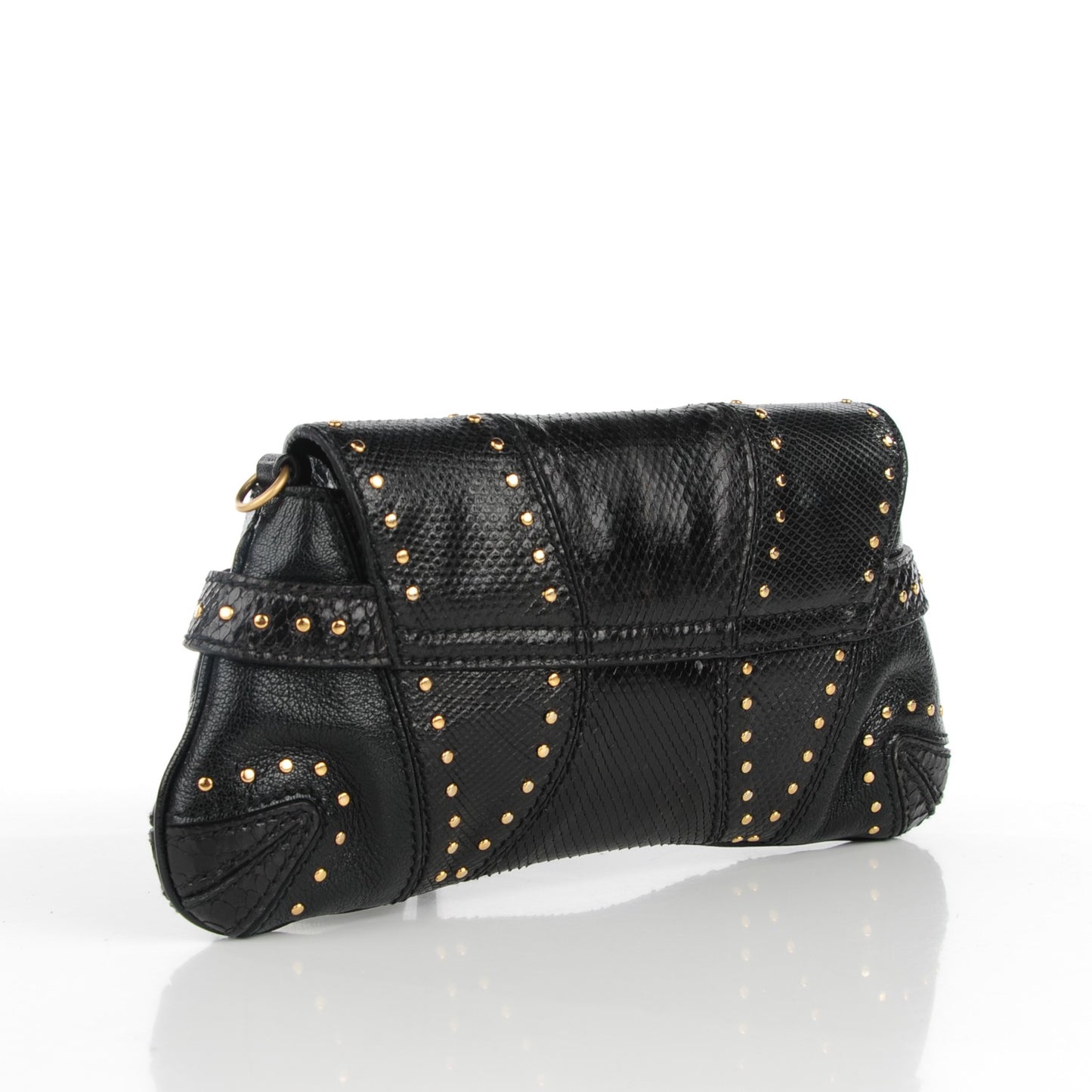 Python Studded Horsebit Chain Clutch Black