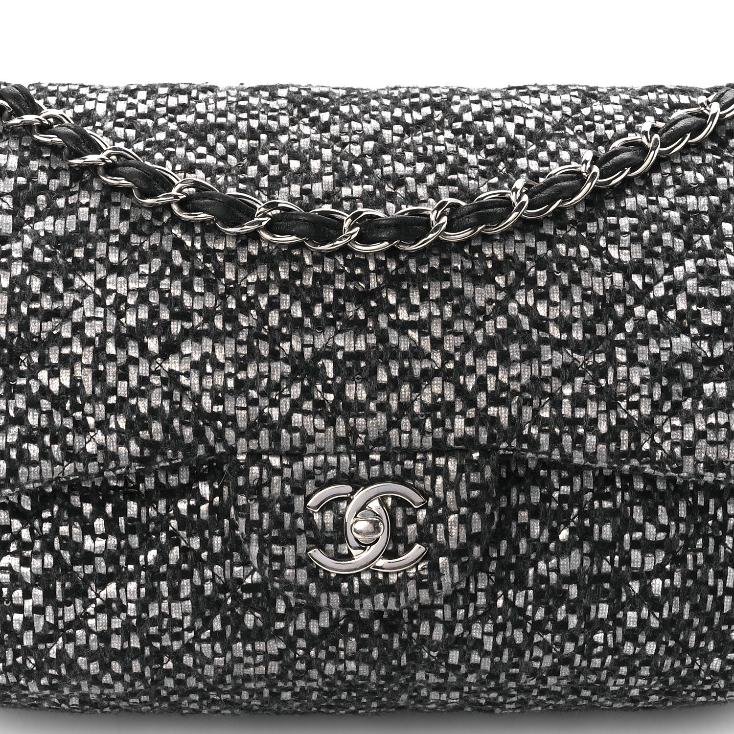 Chanel Sequin Tweed Jumbo Double Flap Black Grey 9 of 12