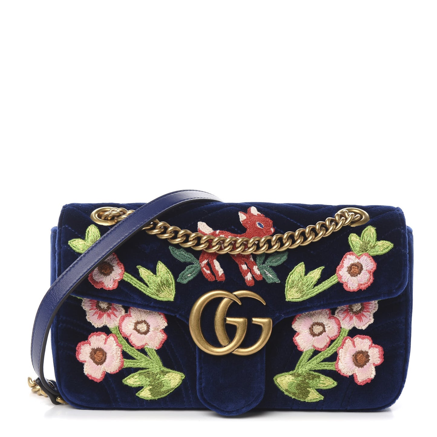 Velvet Matelasse Deer Embroidered Small GG Marmont Shoulder Bag Cobalt