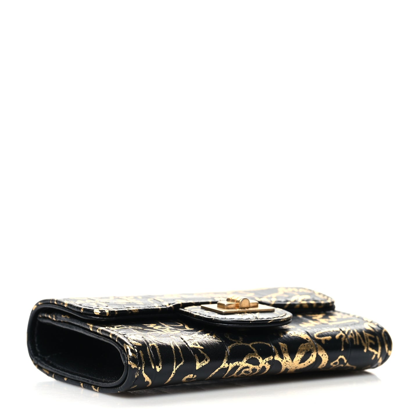 Calfskin Crocodile Embossed Graffiti 2.55 Cocodile Reissue Flap Card Holder Black Gold