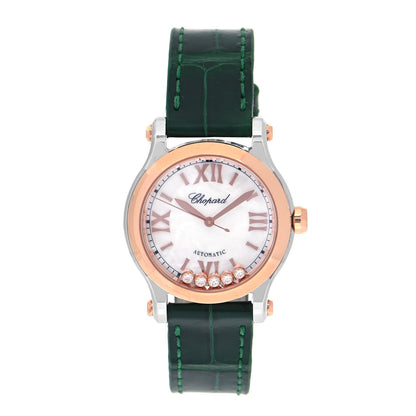 Chopard Stainless Steel 18K Rose Gold Alligator 5 Diamond Mother of Pearl 30mm Happy Sport Automatic Watch Green 1 of 6