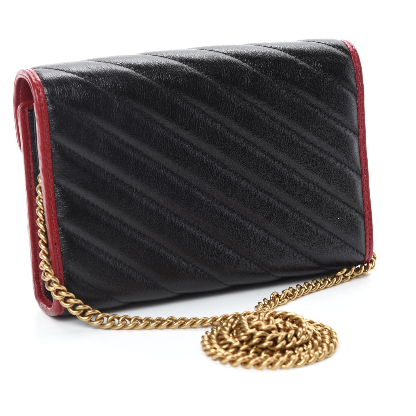 Vintage Effect Calfskin Matelasse Diagonal Torchon GG Marmont Chain Wallet Black Romantic Cherry