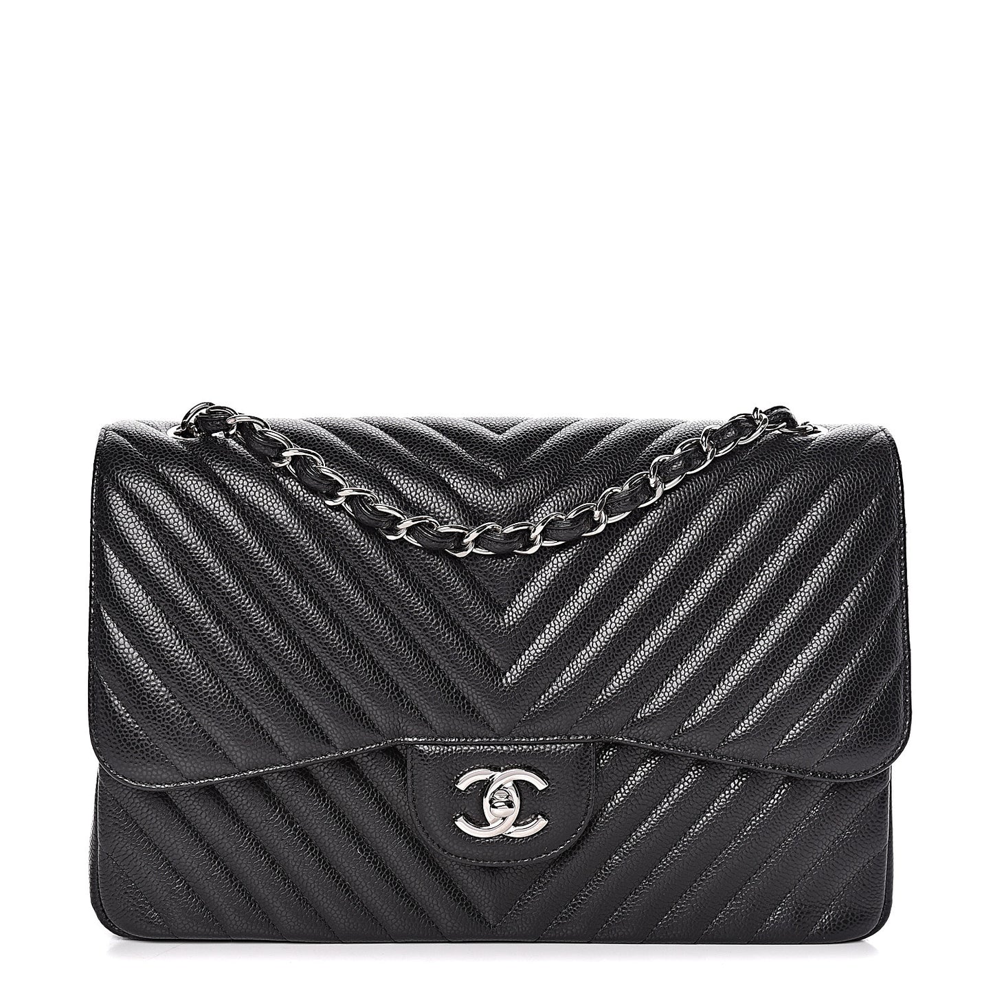 Caviar Chevron Quilted Jumbo Double Flap Black
