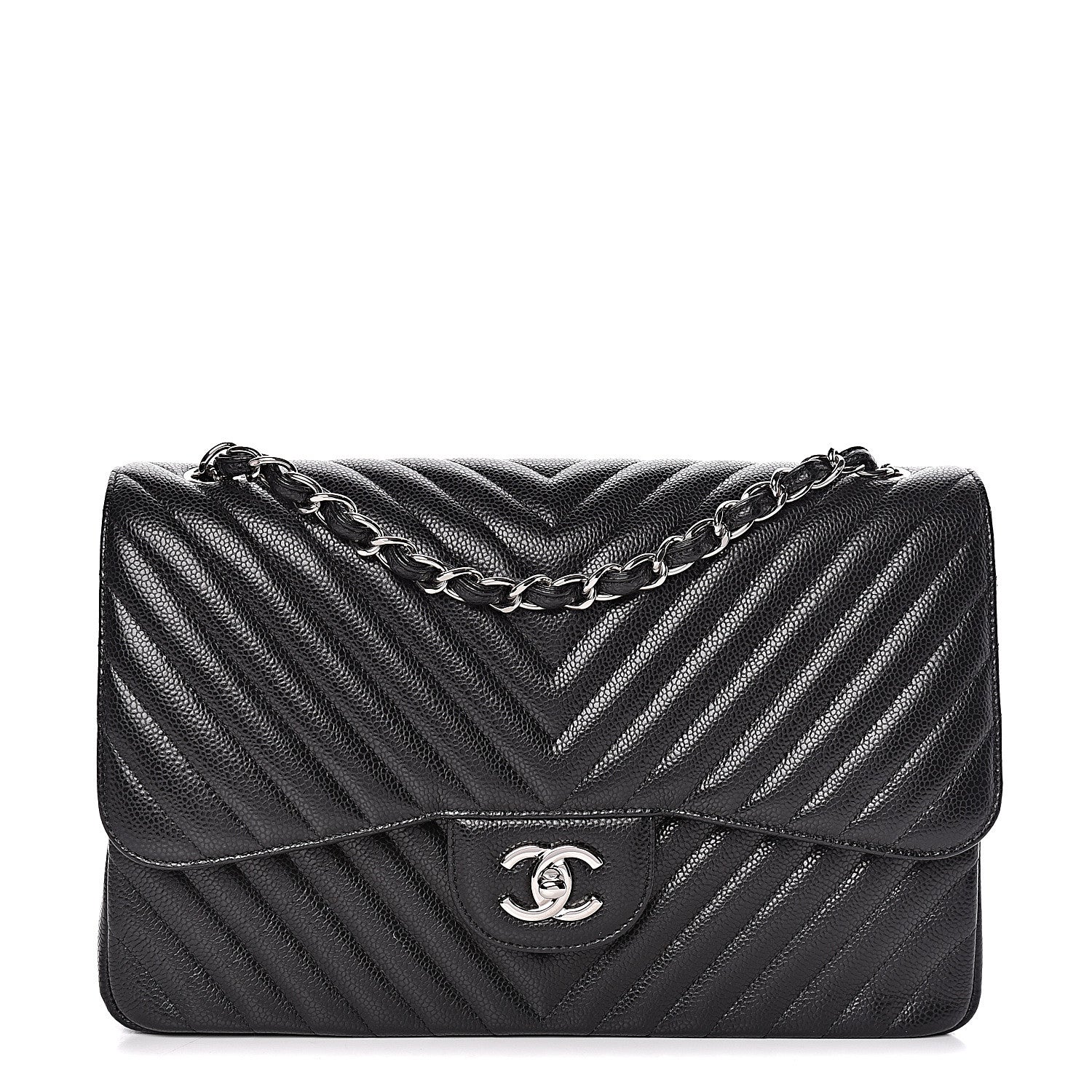 Chanel Caviar Chevron Quilted Jumbo Double Flap Black 1 of 10