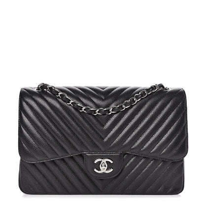 Chanel Caviar Chevron Quilted Jumbo Double Flap Black 1 of 10