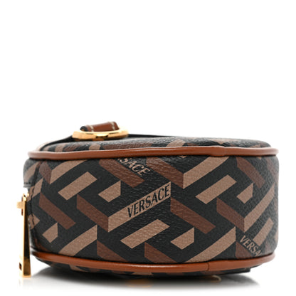 Versace Coated Canvas Calfskin La Greca Round Zip Pouch Black Caramel 4 of 8