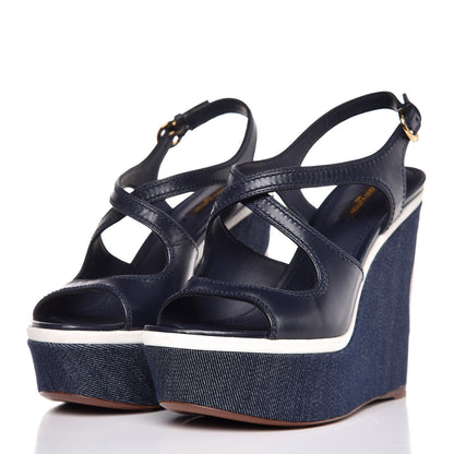 Louis Vuitton Denim Postcard Wedge Sandal 38 Blue 3 of 9