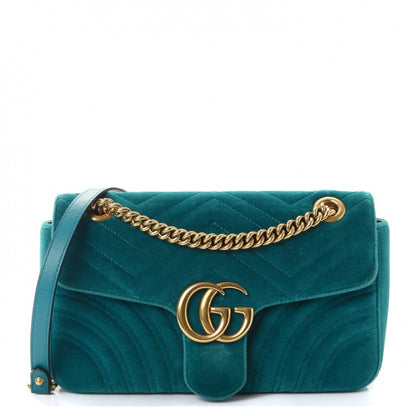 Gucci Velvet Matelasse Small GG Marmont Shoulder Bag Pavone Cyan 1 of 13