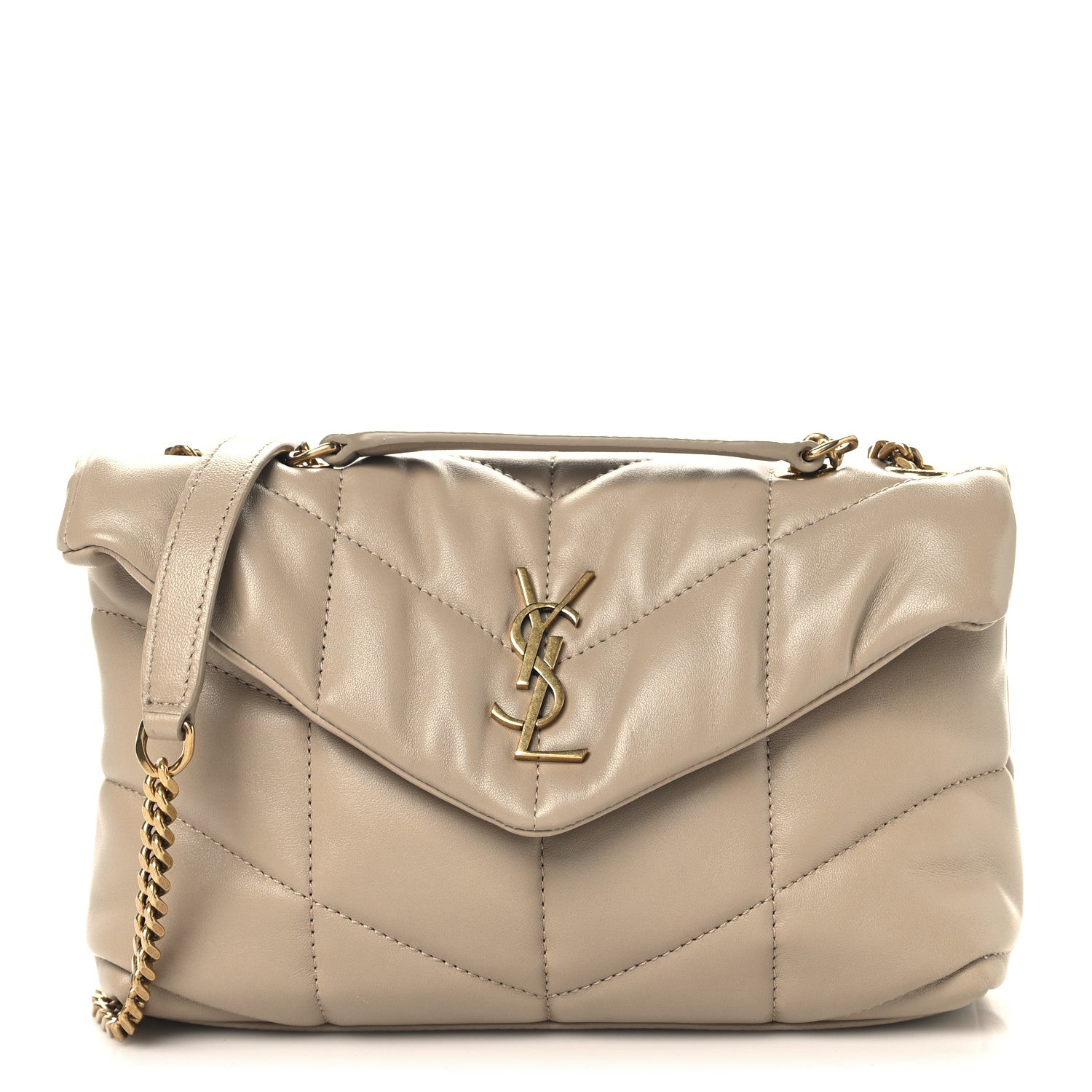 Saint Laurent Lambskin Quilted Toy Loulou Puffer Monogram Chain Satchel Dark Beige 1 of 10