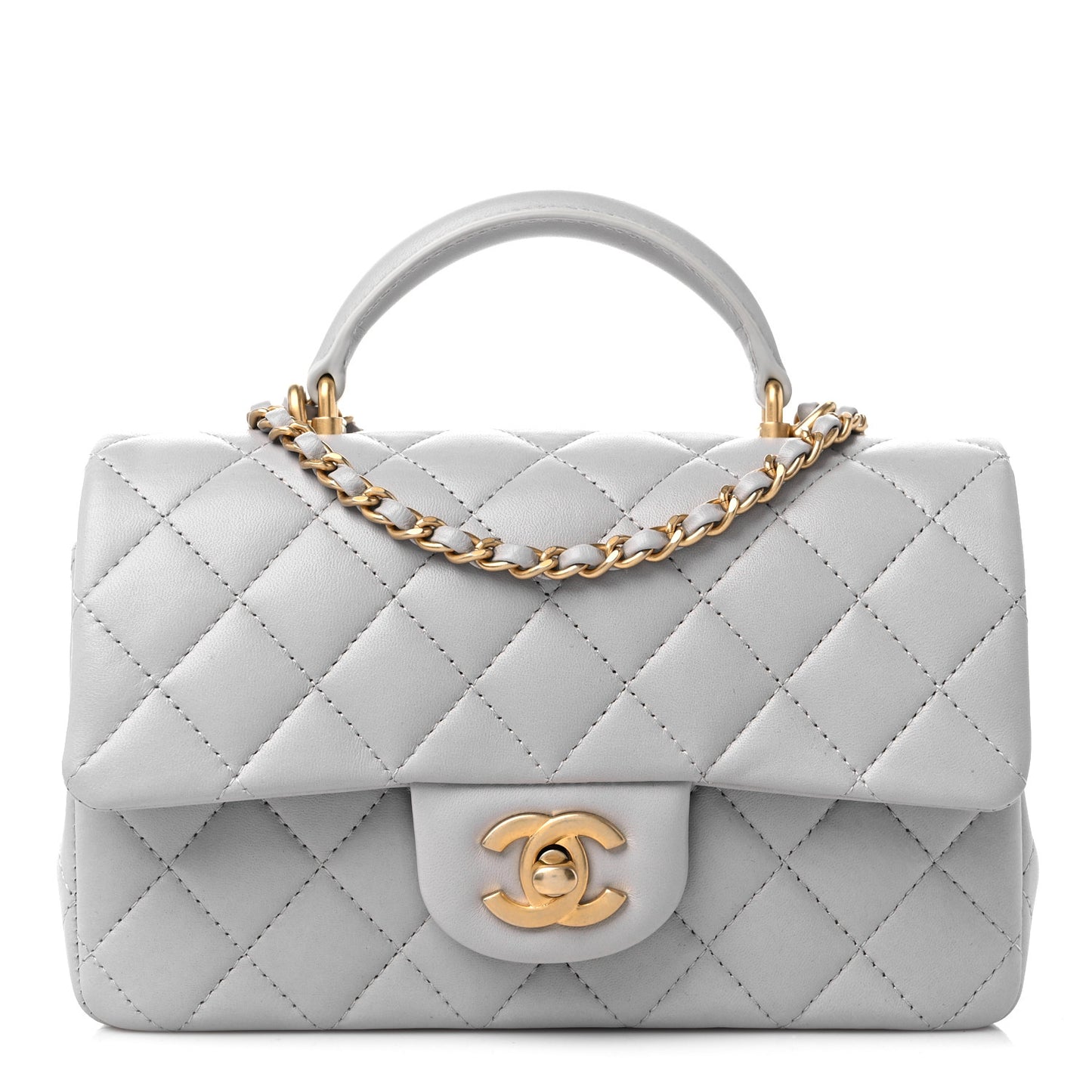 Lambskin Quilted Mini Top Handle Rectangular Flap Grey