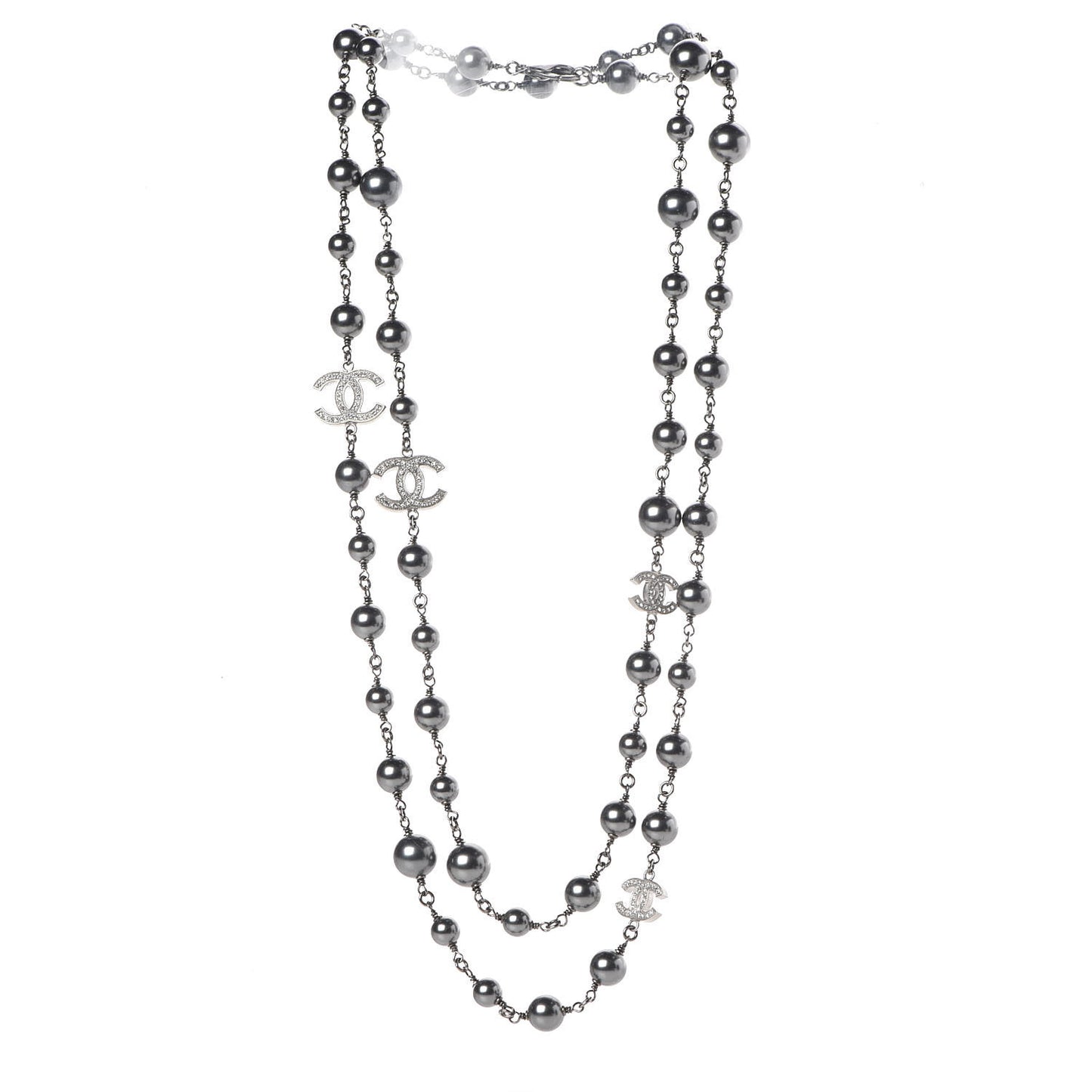 Pearl Crystal CC Long Necklace Silver Grey