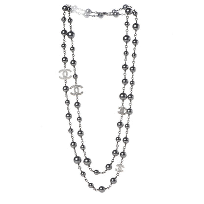 Chanel Pearl Crystal CC Long Necklace Silver Grey 3 of 5