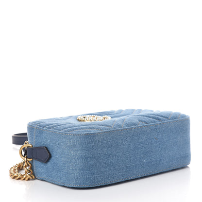 Gucci Denim Matelasse Small Pearly GG Marmont Chain Shoulder Bag Blue 4 of 9