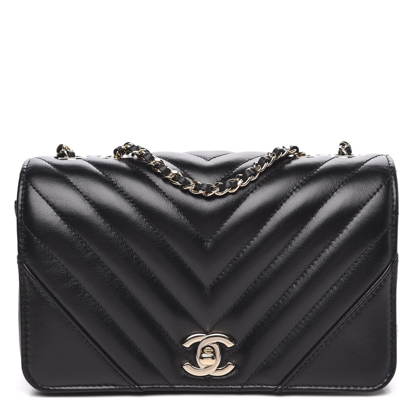 Calfskin Chevron Quilted Mini Statement Flap Black