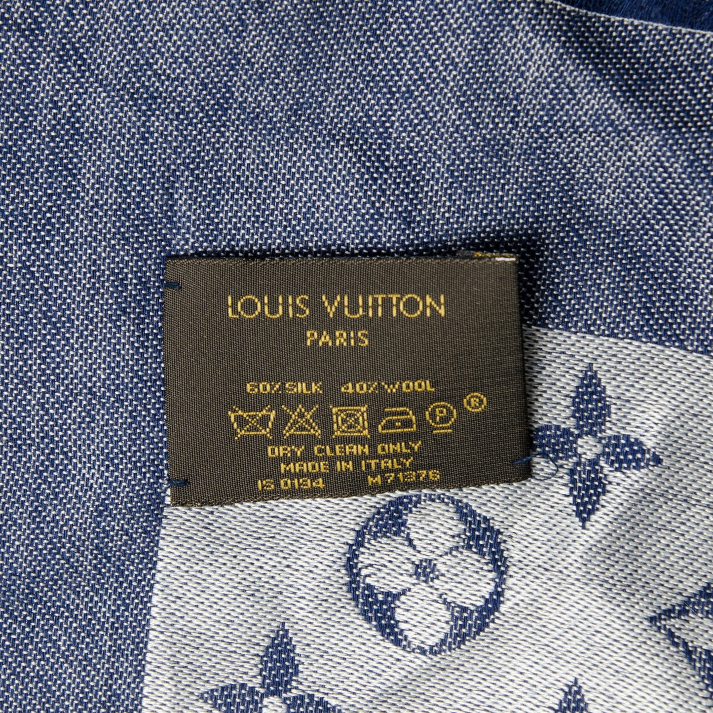 Wool Silk Monogram Denim Shawl Blue