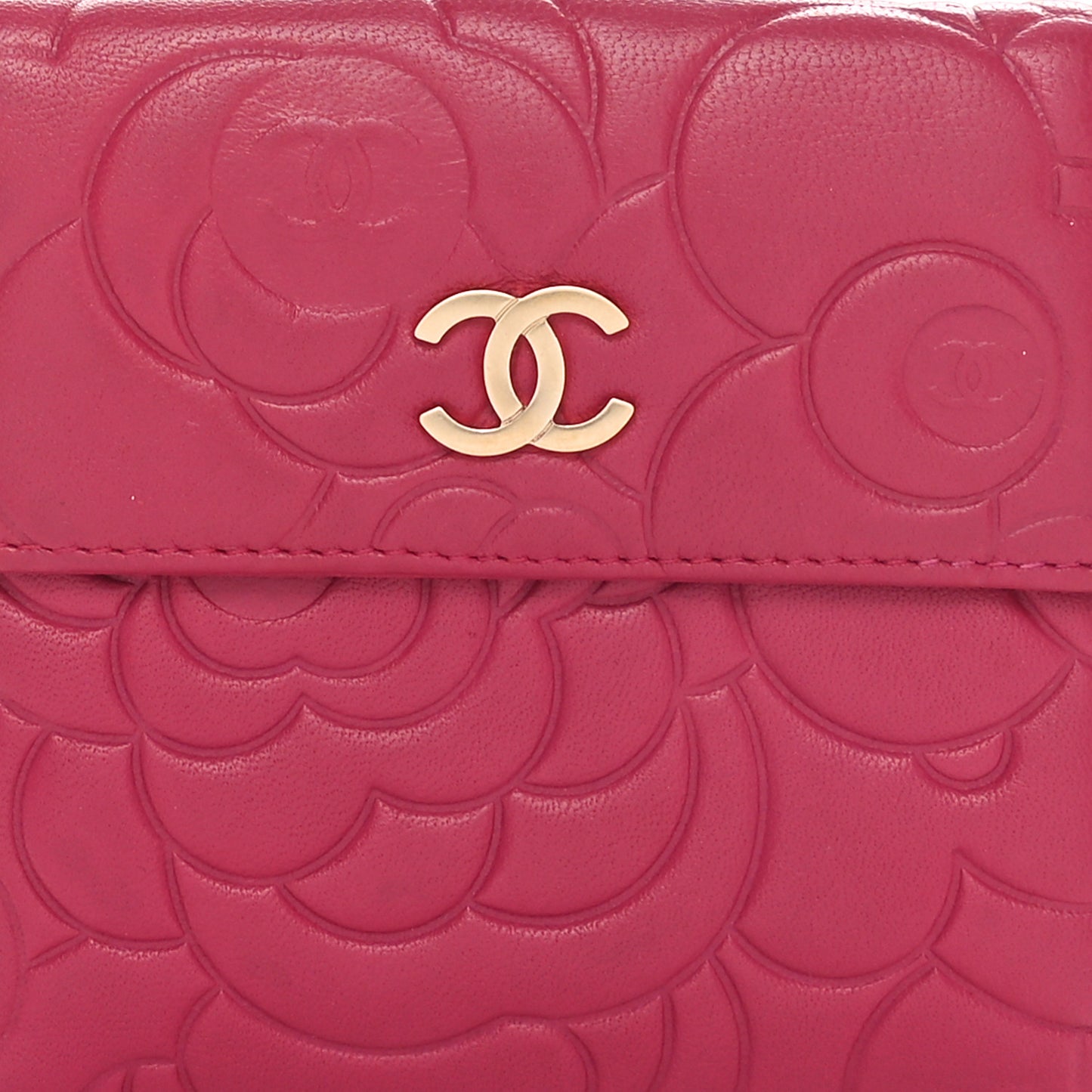 Lambskin Camellia Embossed Compact French Flap Wallet Pink