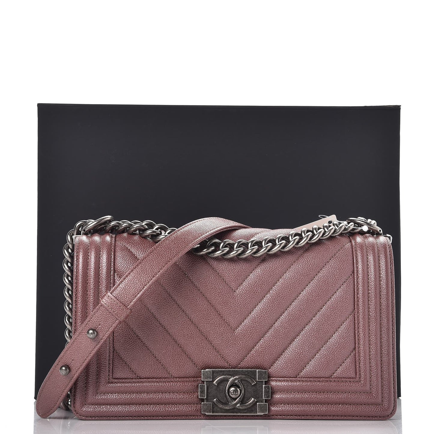 Metallic Caviar Chevron Quilted Medium Boy Flap Dark Pink