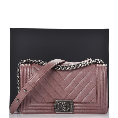 Chanel Metallic Caviar Chevron Quilted Medium Boy Flap Dark Pink 8 of 8