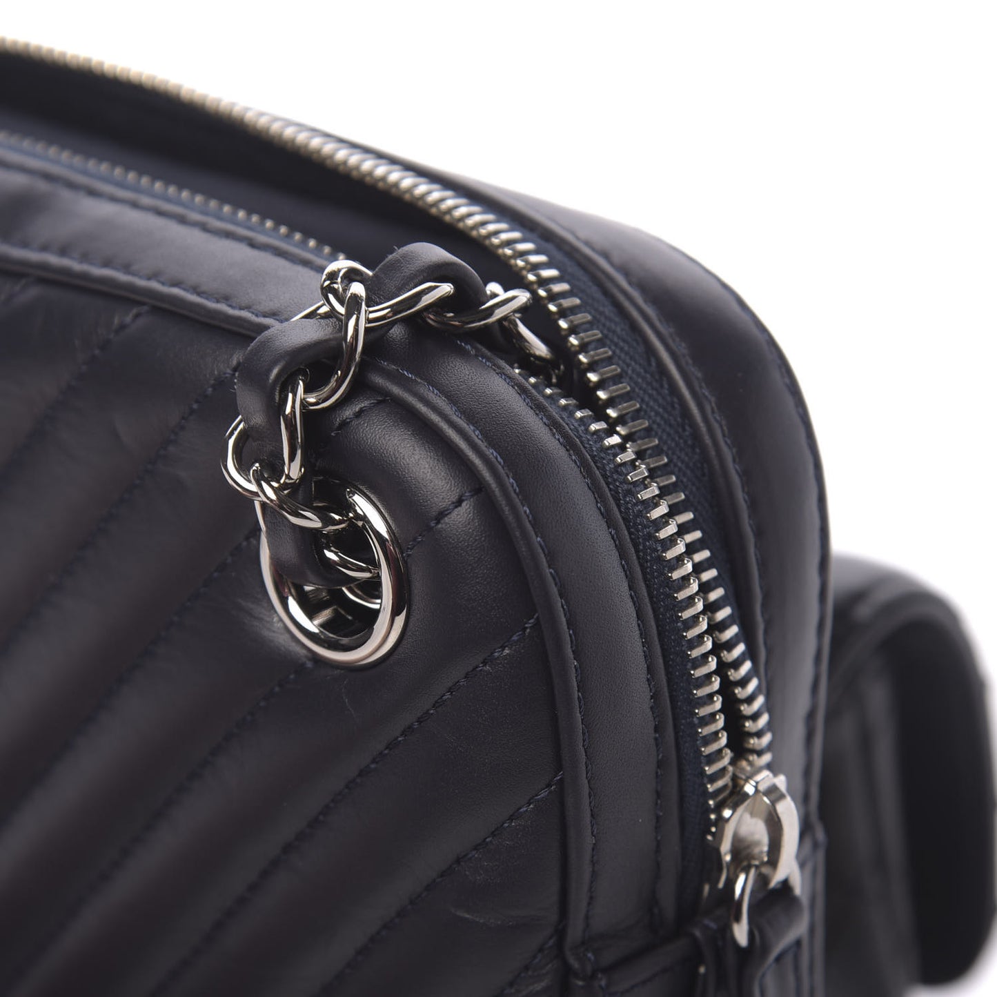 Calfskin Chevron Quilted Double Camera Bag With Flap Black